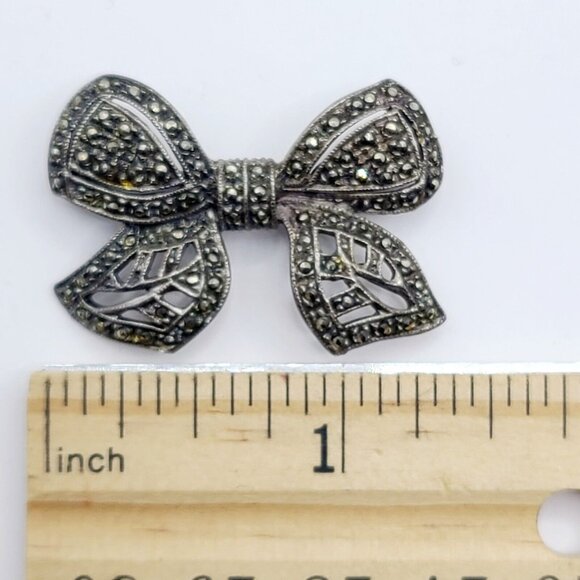 Sterling Silver 925 Brooch Pin Real Marcasite Ribbon Bow Vintage - Picture 4 of 5